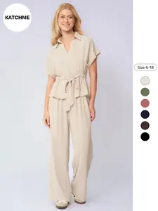 Two-Piece Set Women's Solid Versatile Minimalist Collared Top & Wide Leg Trousers, Casual Rolled-Up Short Sleeve Top & Pants for Daily Wear, Ladies Clothes for All Seasons, Suits