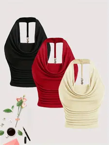 Women's Solid Color Hanging Neck Tank Top, Casual Comfortable Sleeveless Top for Spring & Fall, Ladies Clothes for Daily Wear, Gamis