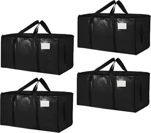 4 Pack-Extra Large Heavy Duty Moving Bags - Waterproof Storage Totes with Handles & Zippers, Foldable for College Dorm, Storage (Black)