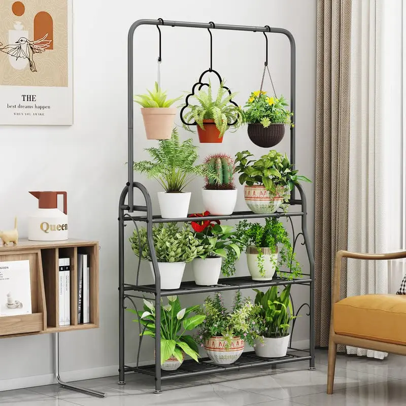 3-Tier with Hanging Metal Plant Stand Planter Shelves Flower Pot Organizer Rack  Multiple Flower Pot Display Holder Shelf Indoor Outdoor Heavy Duty Planter  Shelving Garden Home - TikTok Shop