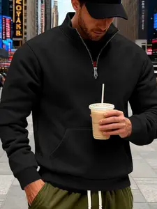 Men's Half-Zip Stand Collar Kangaroo Pocket Sweatshirt, Fleece Lined Warm Pullover, Casual Sports Outdoor Jacket for Daily Wear & Sport