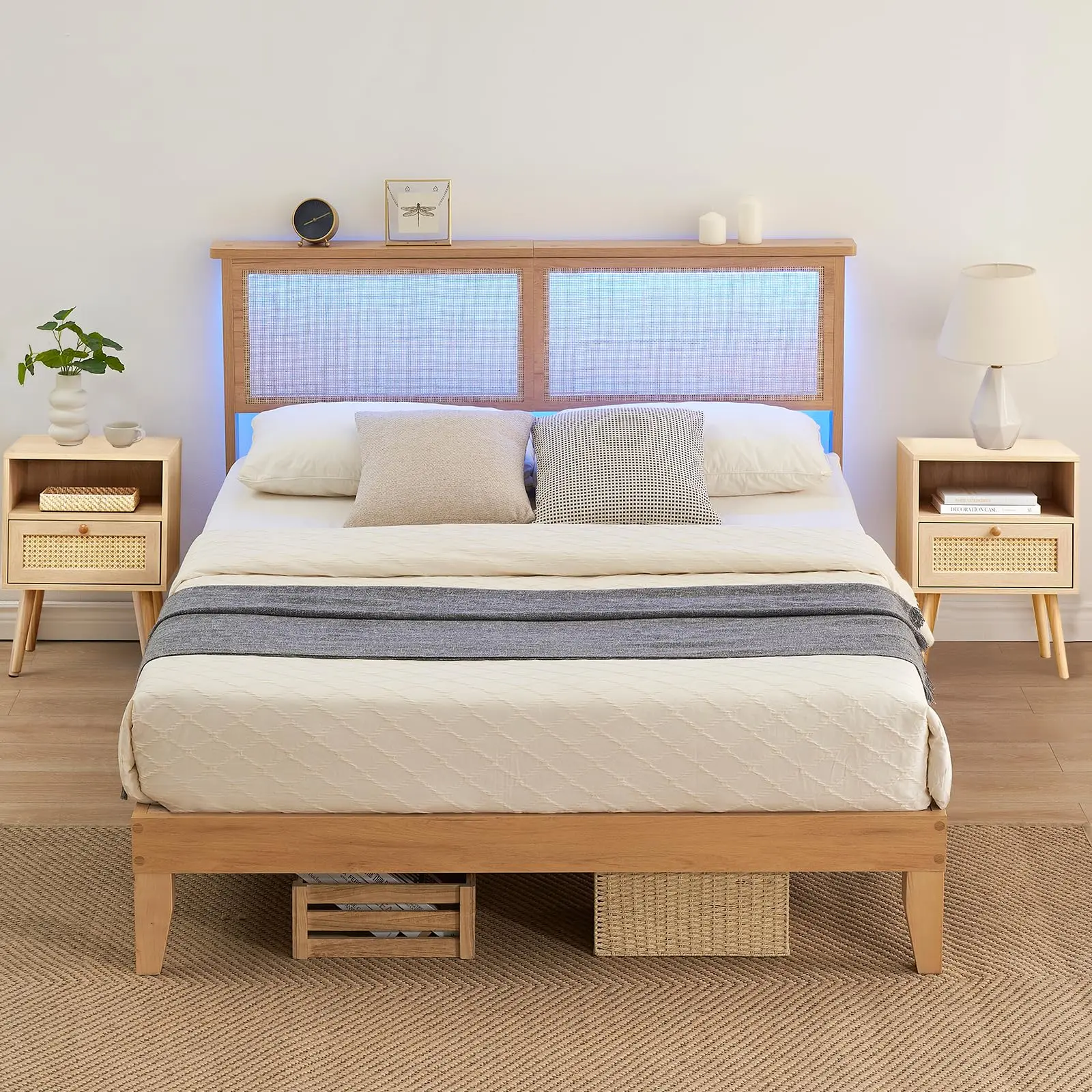 Gaomon Full-Size Boho Rattan Wood Platform Storage Bed Bedroom Set with Natural Wood Grain Headboard, LED Lights, Underbed Storage, Sturdy Slat Support, No Box Spring Needed, Easy Setup Indoor Furniture