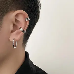 3-Piece Minimalist Silver Ear Stack Set, Includes Two Cuff Earrings & One Huggie Hoop, No-Piercing & Pierced Earrings for Everyday & Masculine Styling