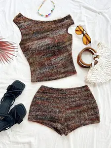 2 Pieces Summer Outfits Women 2 Pieces Vacation Outfits Women Beach Outfits For Woman Vintage Women's Summer Fashion Asymmetrical Neck Top And Shorts 2 Pieces Set Fuzzy Two Pieces Set