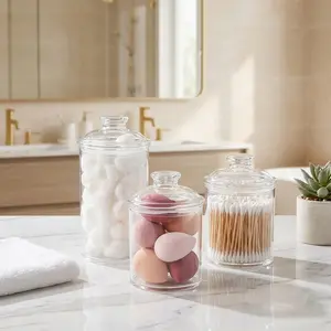 Clear Plastic Apothecary Jars, Plastic Storage Canister with Airtight Lid, Cotton Ball Holder Bathroom Container Organizer for Bath Salt, Vanity, Home Organizers