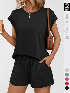 Women's Solid Curved Hem Tee & Drawstring Waist Shorts Set, Casual Cap Sleeve T-shirt & Pocket Shorts, Ladies Sleepwear for Summer, Loungewear Pajama Set