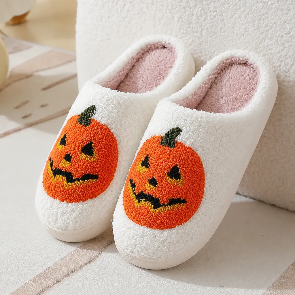 Women Men Comfy Faux Fur Lined Skull Pumpkin Plush Slippers Antislip Soft Sole House Shoes Bedroom Shoes Flat Slides Fluffy Footwear Halloween gift