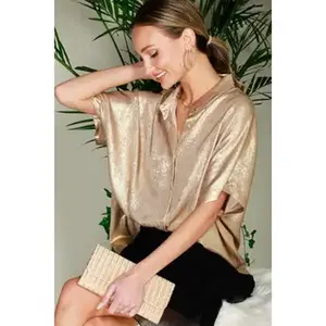 Women's Gold Collared Metallic Woven Button Down Top - Shirts, Womenswear