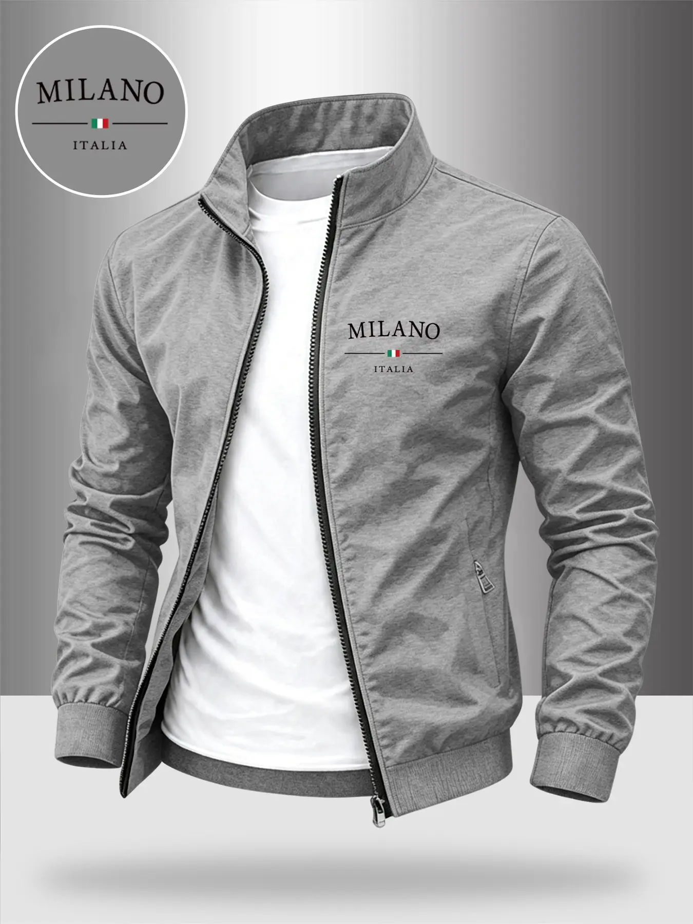 Men's Luxury Milan Letter Stand Collar Jacket, Casual Fitted Jacket, Business Casual Plain Windproof Coat, Fall Winter Lightweight Outerwear, Casual Outerwears, Ideal Father's Gift, Fashion, Menswear