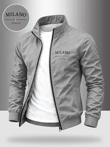 Men's Luxury Milan Letter Stand Collar Jacket, Business Casual Plain Windproof Coat, Fall Winter Lightweight Outerwear, Ideal Father's Gift, Fashion, Menswear