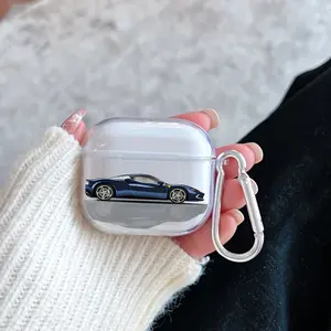 Blue Sports Car Pattern TPU Soft Protective Case for Apple AirPods 4/3/2/1/Pro/Pro2 Transparent Earphone Cover with Keychain Attachment