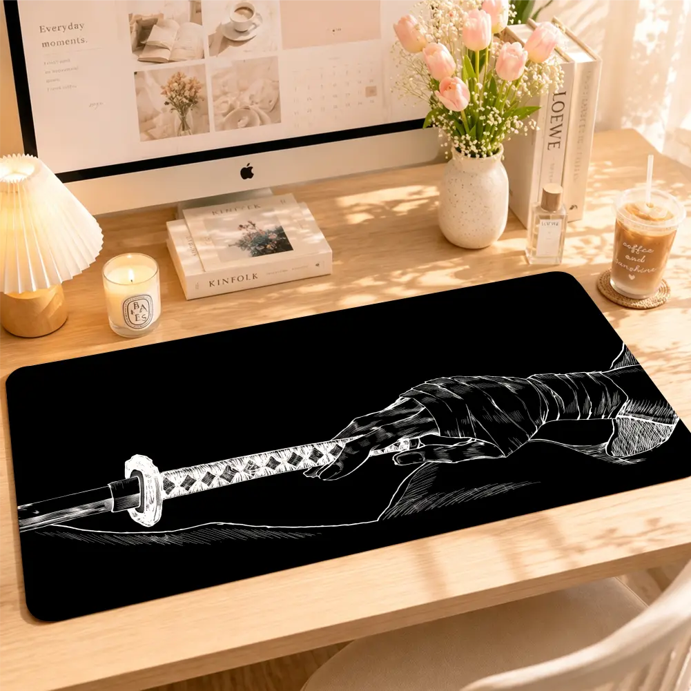 Japanese Samurai Katana Extended Mouse Pad, Black White Ink Art Desk Mat, Minimalist Gaming XXL Mouse Pad, Non-Slip Keyboard Desk Pad