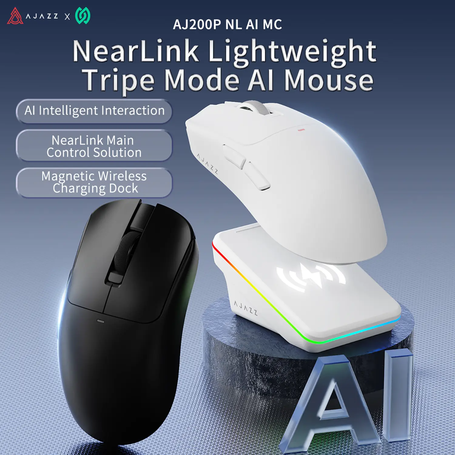 AJAZZ AJ200P NL AI MC Lightweight design Wireless Gaming Mouse, triple Mode AI Mouse with Magnetic Charging Dock, RGB Gaming Setup gamer Mouse for PC FPS Gaming,gaming stuff