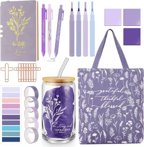 Valentine Day Gift  29 Pcs Bible Journaling Kit 16 oz Glass Cup Canvas Bag Leather Notebook Highlighters and Pens Sticky Notes Tapes Paper Clips Bible Study Supplies for Women