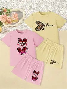 4 Pieces, Girls' Stylish Crew Neck Short-Sleeve T-Shirt & Shorts Set with Valentine's Day-themed Heart Pattern Prints, Perfect for Summer Sweet Casual Daily Wear