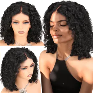 Bouncy Curly Wigs Human Hair 13x4 Lace Front Burmese Curly Bob Wig for Black Women, Water Wave Pre Plucked Transparent Lace Natural Black 14 Inch 180% Density
