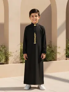 Muslim Boy Islamic Clothing Collar Contrast Long Thobe Embroidered Shirt Sleeves, Side Pockets, Suitable for 8-12 Years, Comfortable Fashion