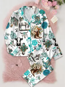 Kentucky Derby Western Horse Pattern Pajama Set, Cowgirl Style Cowboy Shirt PJS, Perfect Gift for Fans, Family Matching Nightwear for Women