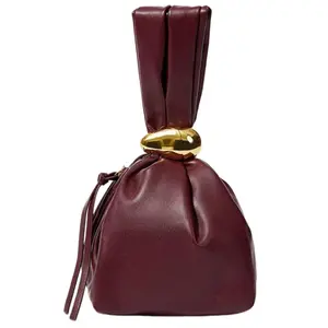 Solid Color PU Leather Handbag Burgundy Red Clutch Purse Women's Personalized Mini Cloud Pleated Bag with Metal Decor Zipper Closure, Suitable for Daily and Party Use