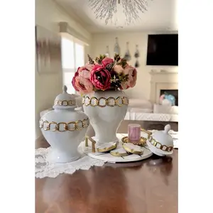 Soph White with Gold Chain Ginger Jar Classic Ceramic Vase for Modern Decor 9x9x14 & 10x10x18 Inches Floral Glossy Ornaments Flower Vase with Lid
