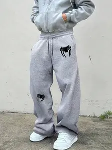 Men's Spider Pattern Loose Sports Pants, Athleisure Style Bottoms, Dark Y2K Street Style, Casual Daily Wear, Fall Winter, Streetwear & Party