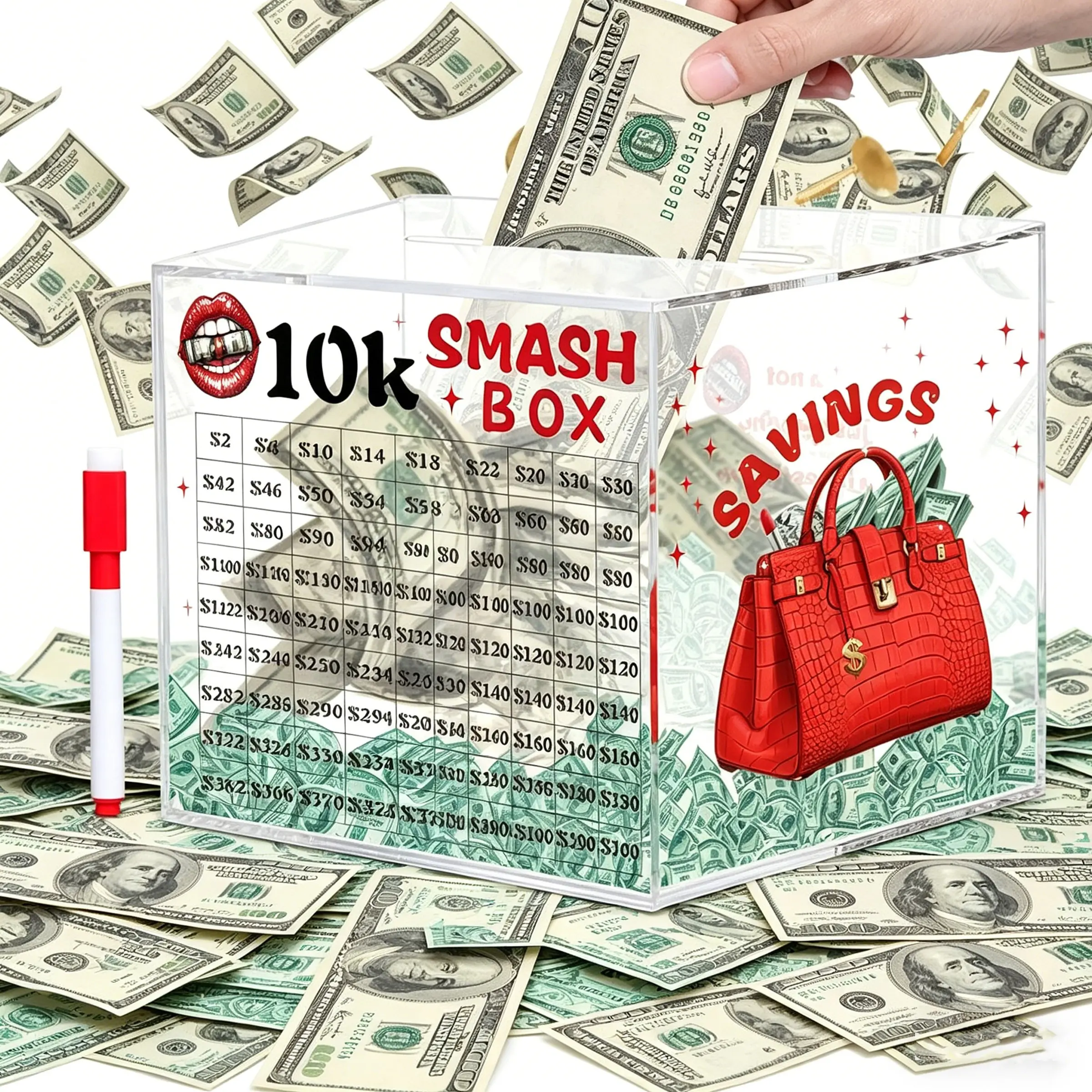 Graduation Gift for her,10k Smash Box for Money, Piggy Bank for Adults 10000 Savings Challenge Box, Money Saving Box for Cash, Unbreakable Clear Acrylic Money Saver Must Break to Open, Acrylic Savings Jar, Coin Bank