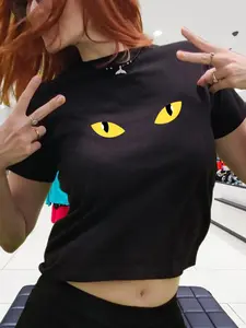 Women's Cat Eye Print Round Neck Crop Tee, Vintage Trendy Casual Short Sleeve T-shirt for Daily Wear, Ladies All Seasons Clothes