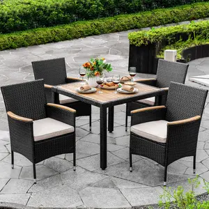 5-Piece Acacia Wood Wicker Patio Dining Set with Cushions