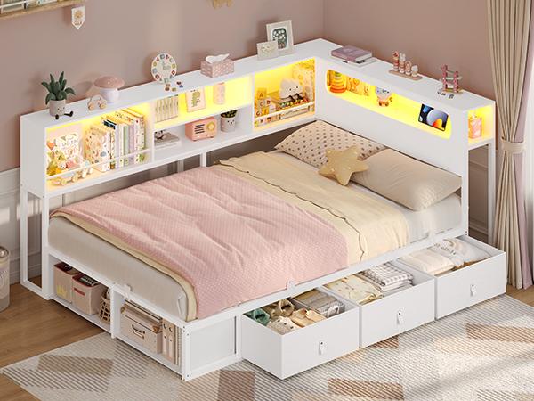 ADORNEVE Twin Corner Bed Frame with Bookcase Storage & LED Light Headboard, Charging Station, Metal Daybed with 3 Drawers & 2 Open Cubbies, for Small Bedrooms ADORNEVE Twin Corner Bed Frame with Bookcase Storage & LED Light Headboard, Charging Station, Metal Daybed with 3 Drawers & 2 Open Cubbies, for Small Bedrooms