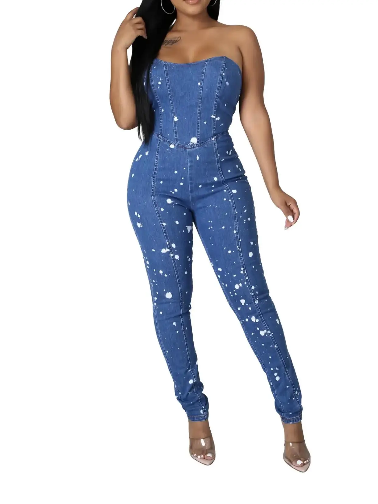 Meet Me at Nine Denim Bodysuit - Square Neckline Sleeveless Design with Splash Paint Detail & Skinny Legs Comfortable Cotton Blend