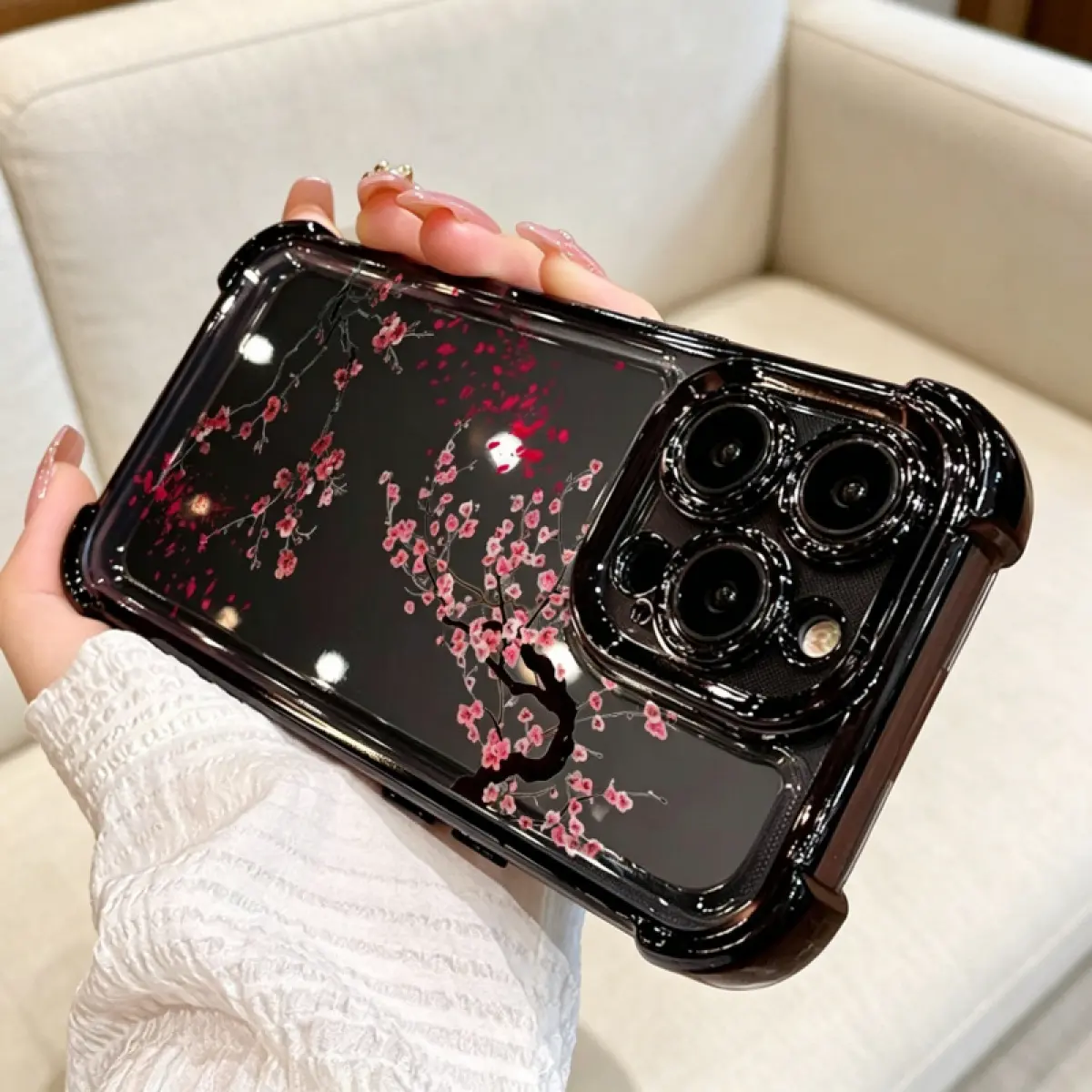 Electroplated 4-Corner Anti-Fall Cherry Blossom Pattern Transparent Smartphone Case - Shockproof Casing for iPhone 17 Air/17/16 Pro Max/15/14 Plus/14/13/12/11/X/XS Max, Handheld Cellphone Devices Accessory, Accessories