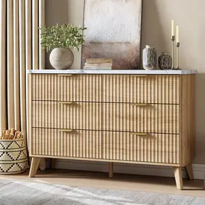 Modern Fluted 6-Drawer Dresser – Curved Profile, Gold Handles, Deep Drawers, Versatile Wooden Storage Chest for Bedroom, Living Room, Kids Room – Grey, Black, Natural Wood Finishes