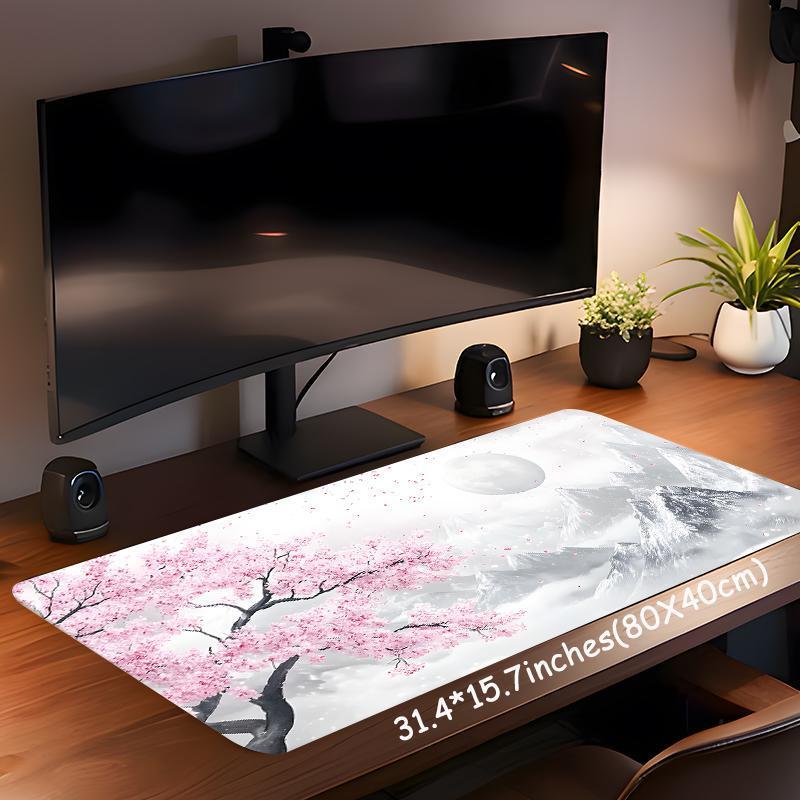 Japanese Cherry Blossom Snow Mountain Design Large Gaming Desk Mat,Pink and white Aesthetic Desktop Drotection Pad,Washable Rubber Pad Non-Slip Lock Edge Multi-Size Desk Mat Suitable For Home Office,Good Gift for Family and Friends, Desk Accessories