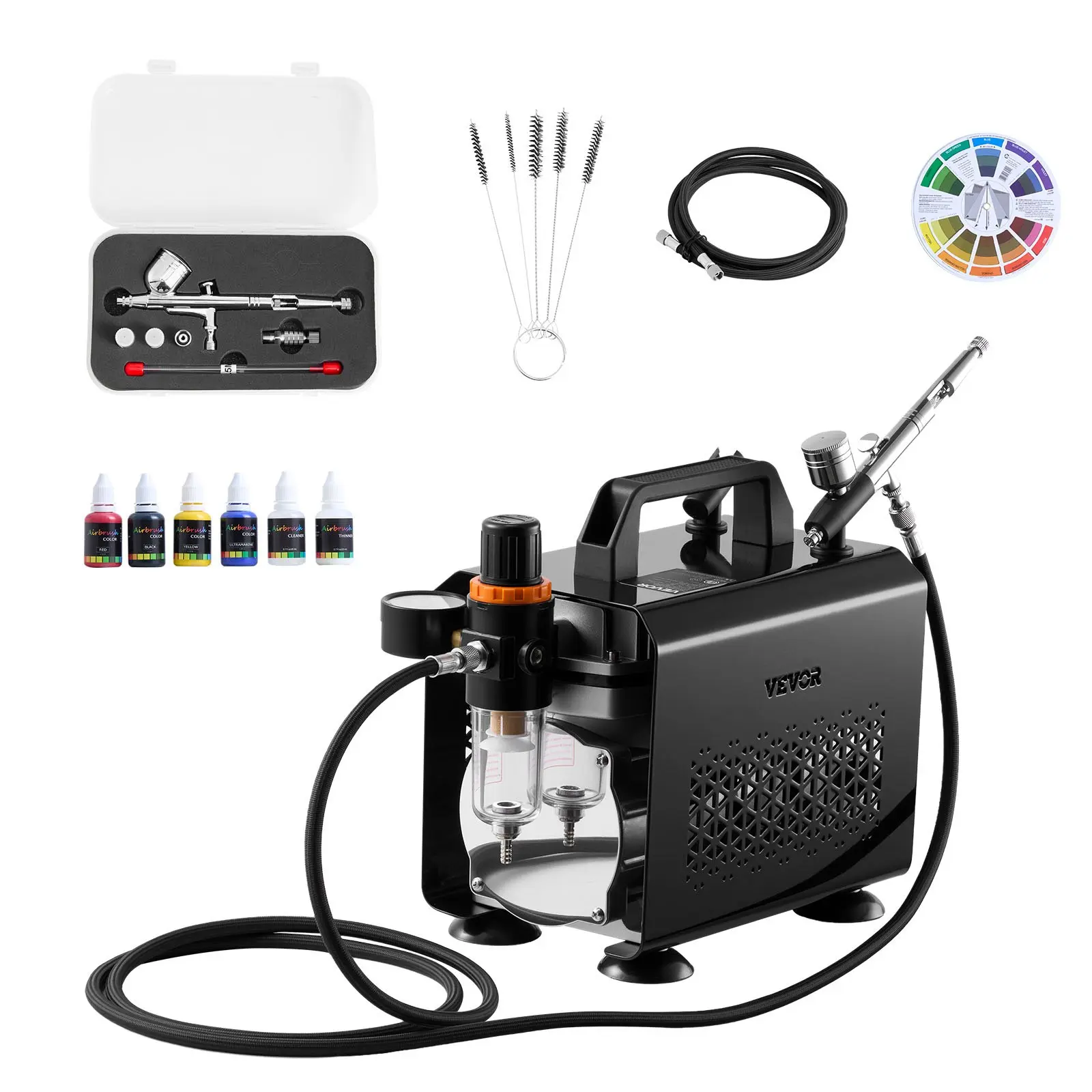 VEVOR Professional Dual-Action Airbrush Full Tool Kit, 1/6 HP Low-Noise Air Compressor, 0.2 mm Tip Spray Gun, Hose, Acrylic Paint, Brush, 120V, Quick Color Switching, for Art, Cake Decorating