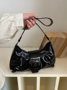 2026 New Trendy Pleated Shoulder Bag, Vintage Buckle Decor Moon Crescent Bag, Soft PU Leather Handbag for Daily Outing and Dates