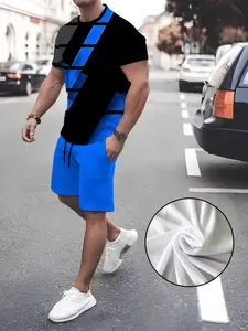 Men's Summer Casual 3D Pattern Fluorescent Color Short Sleeve Sport Two-Piece Set, Perfect for Daily Wear and Sports, Sporty Set