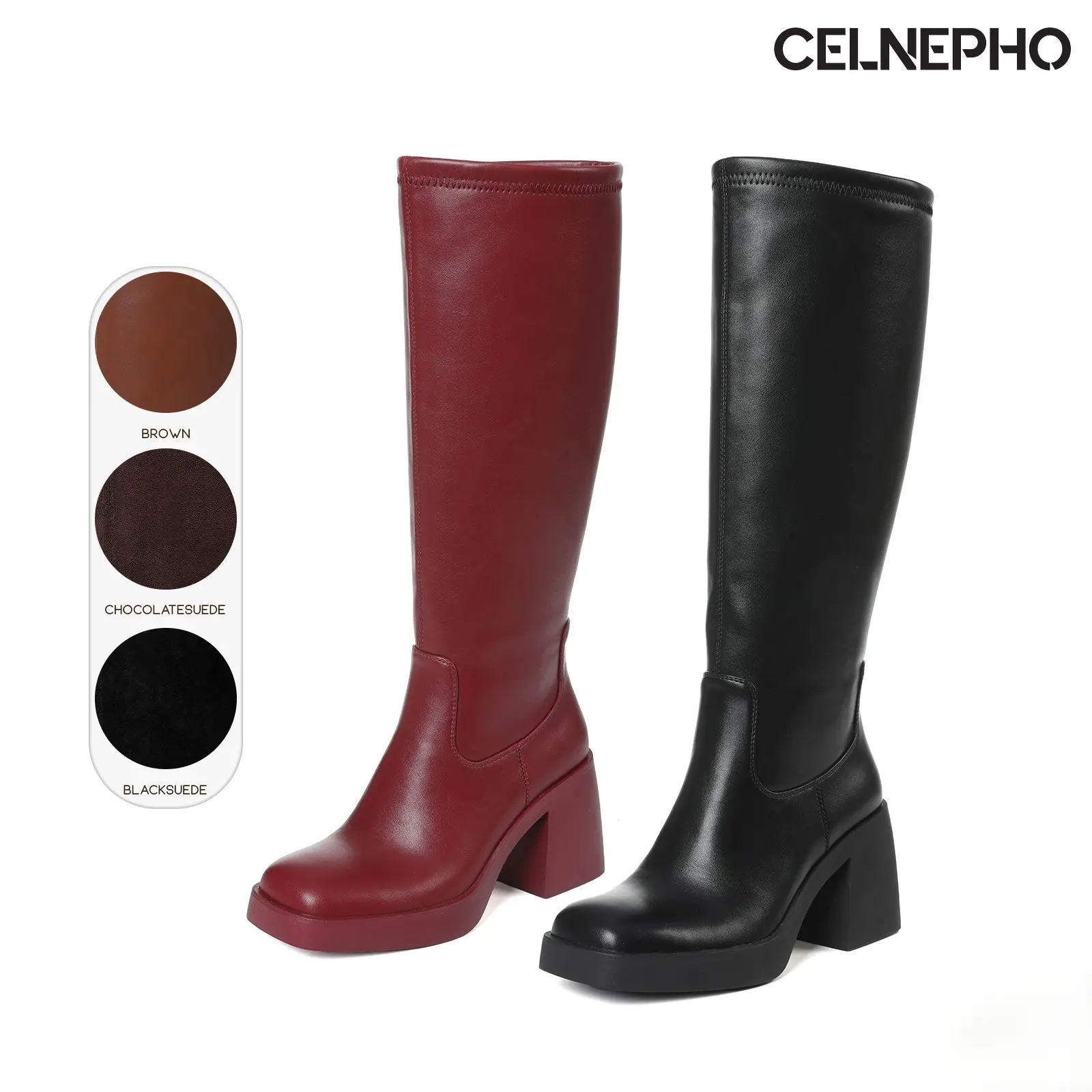 CELNEPHO Knee High Boots for Women Square Toe Chunky Block Heel Side Zipper Closure Easy Pull on Comfy Fashion Gogo Tall boot Everyday Wear Gift Party Date Casual Daily Wear Trendy Fall Dress Shoes