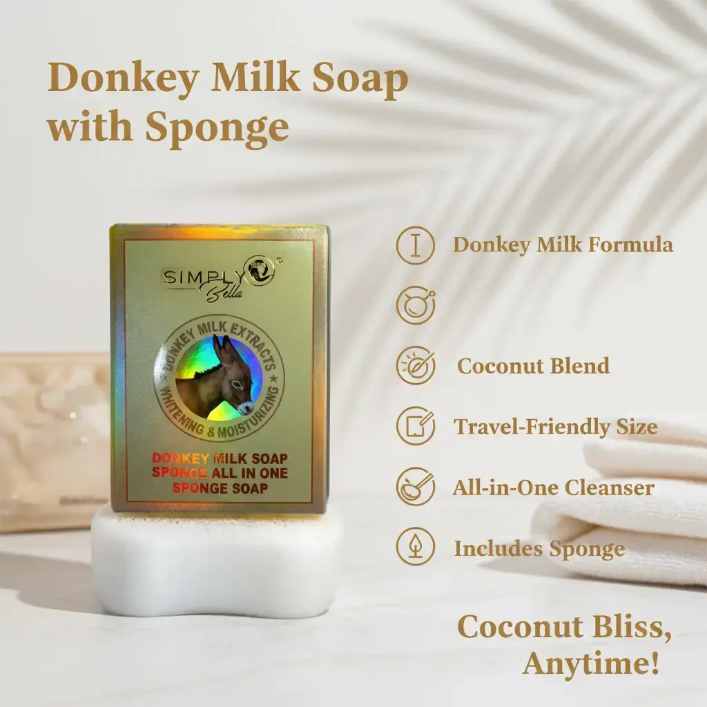Simply Bella Skincare Donkey Milk Soap with Sponge All in One 100G Coconut Blend Cleanser for Travel Use Coconut Body Wash