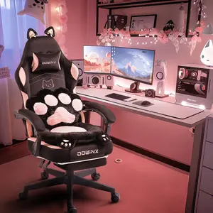 Gaming Chair Cute with Cat Ears and Paw Lumbar, Ergonomic Computer Chair for Girl with Footrest and Headrest, Comfortable Reclining Game Chair 292lbs for Adult, Teen, Black