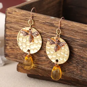 Honey Bee Earrings Hand Hammered Honey Amber Dangle with Unique Bee Charm Amber Glass Jewelry Gift for Bee Lovers Handcrafted Design