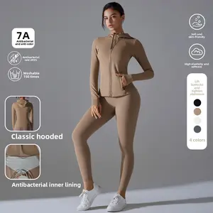 New model no-underwear required double-sided nylon yoga suit, solid color zippered hooded sports jacket, running and fitness set