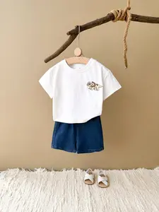 Summer Baby Clothing Dinosaur Embroidery Loose Short Sleeve + Sports Denim Shorts Infant Comfort Set