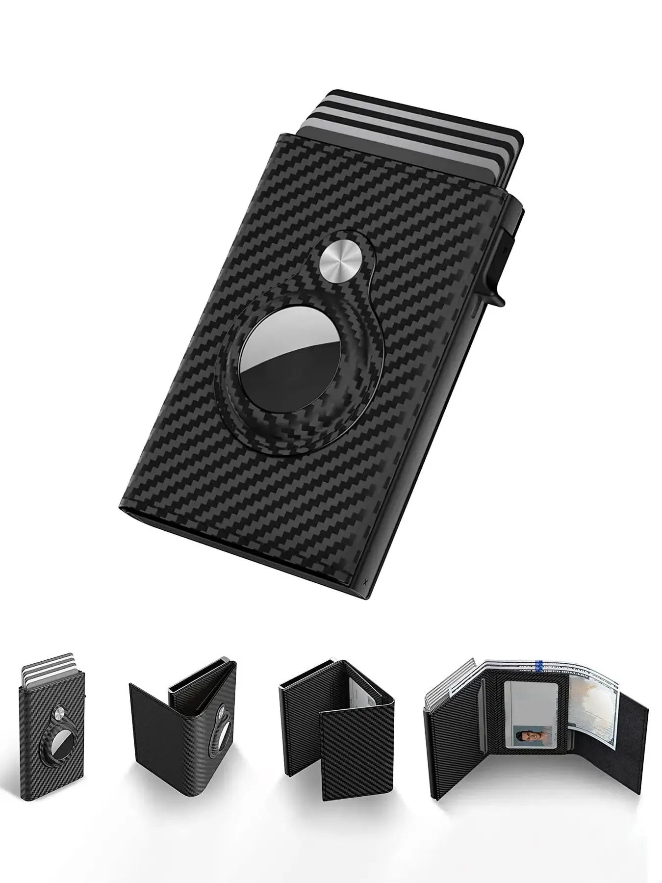 Anti-Theft Airtag Durable Business Fashion Wallet Carbon Fiber Three-Fold Magnetic Men's Card Holder, Plaid Pattern, All Seasons Use, Business Style Wallet