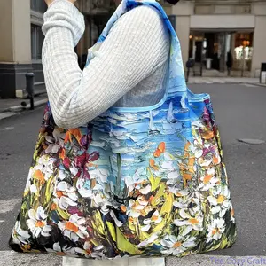 Foldable Square Shopping Bag Elegant Oil Painting Printed Shoulder Bag Portable Reusable Grocery Tote Bag Multi Color Lightweight Handy Storage Pouch For Supermarket Shopping Daily Errands Outdoor Casual Use summerwins