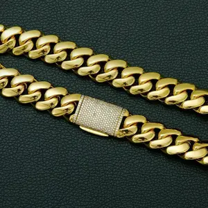 Bling Cuban Jewelry Set 14K Gold Miami Cuban Bracelet & Necklace Kit with Diamond Clasps 14mm Solid Curb Chains 7.5-30" Mens Hip Hop Boss Cuban Link Chunky