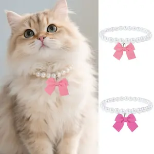 Princess Style Cat Dog Collar, Pet Bow Pearl Necklace, Elegant Sweet Cat Dog Accessory Neck Chain, Stylish Pet Jewelry