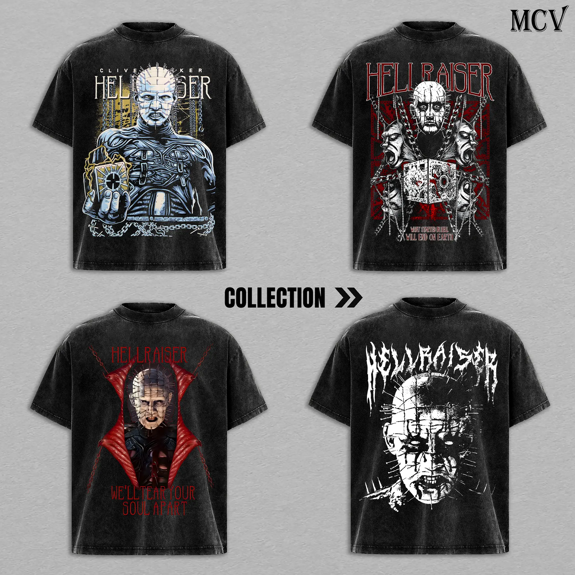 [COLLECTION] Pinhead Hellraiser Halloween Tee Vintage T-Shirt Menswear Top Heavy Cotton Underwear Double Printed Washed Oversize Unisex Retro Horror Movie Graphic Tee Scary Villain Creepy Costume Cult Classic Film