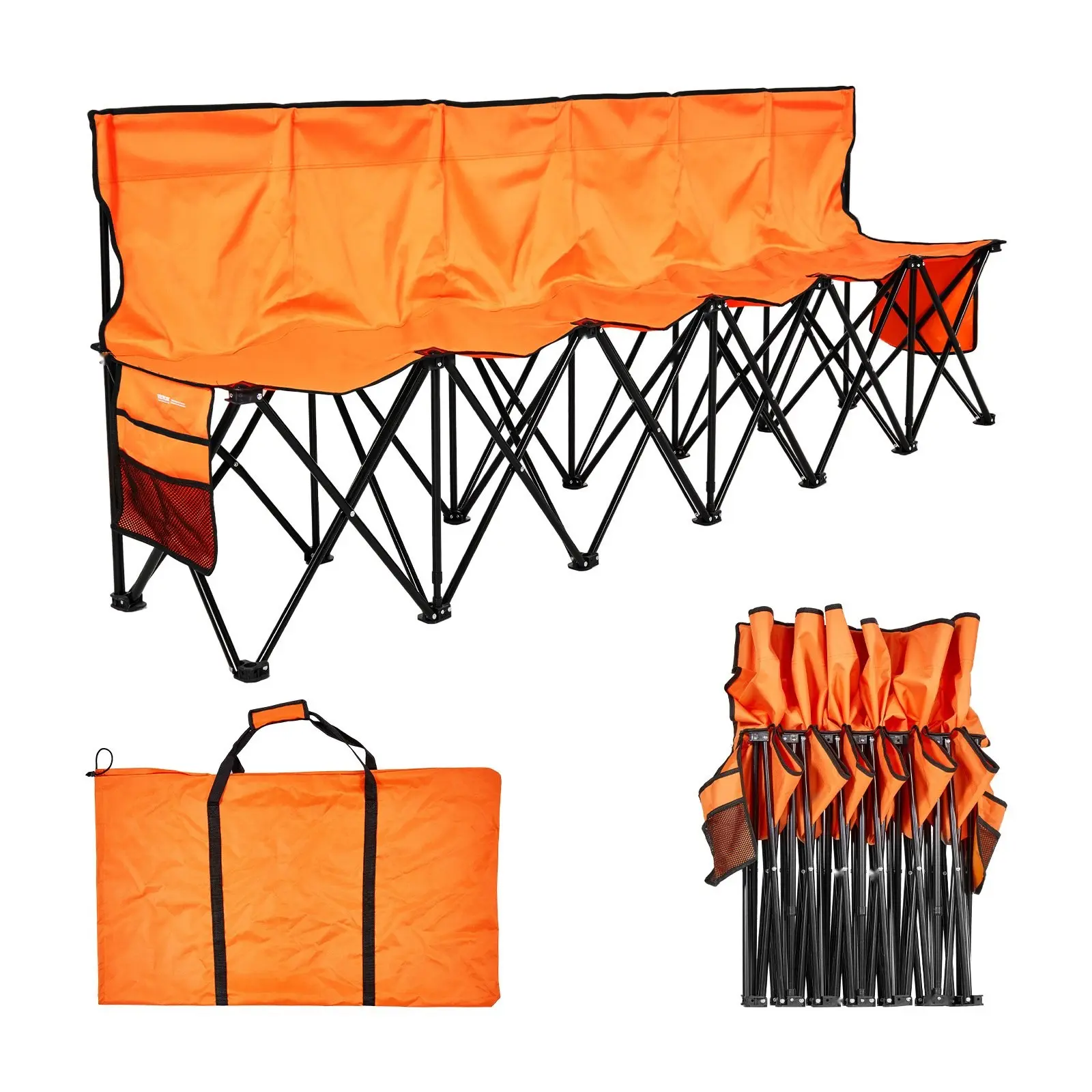 Six-Seat Portable Folding Bench With Side Pockets And Carrying Bag, Lightweight Sideline Seating With Back Rest For Football, Baseball, Camping, Outdoor Events, Stadium Use, Tailgating, Picnics, Orange
