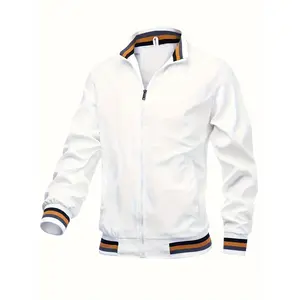 Vintage Stand Collar Bomber Jacket - Men's Classic Design Windproof Sports Jacket For Outdoor Tops Long Sleeve Casual White Menswear Coats