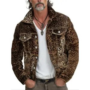 Men's Denim Jacket High Street Vintage Leopard Print, Casual Slim-Fitting Workwear Coat, Trendy Male Fashion OuterwearRAIMENTRY